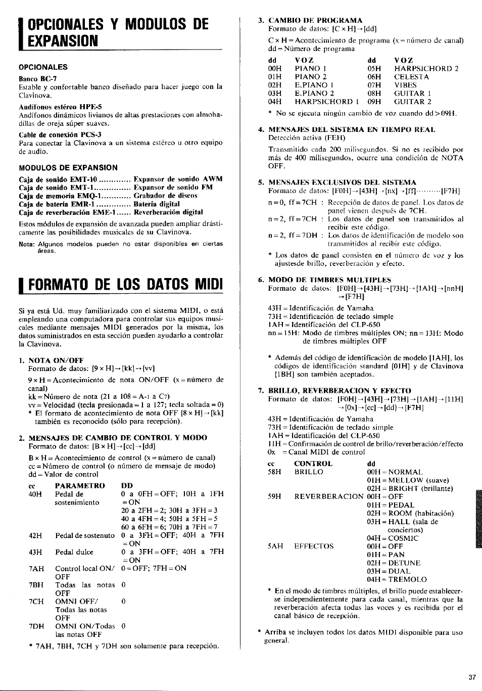 Opcionales, Modulos de expansion, Opcionales y modulos de expansion | I formato de los datos midi | Yamaha Clavinova CLP-650 User Manual | Page 15 / 19