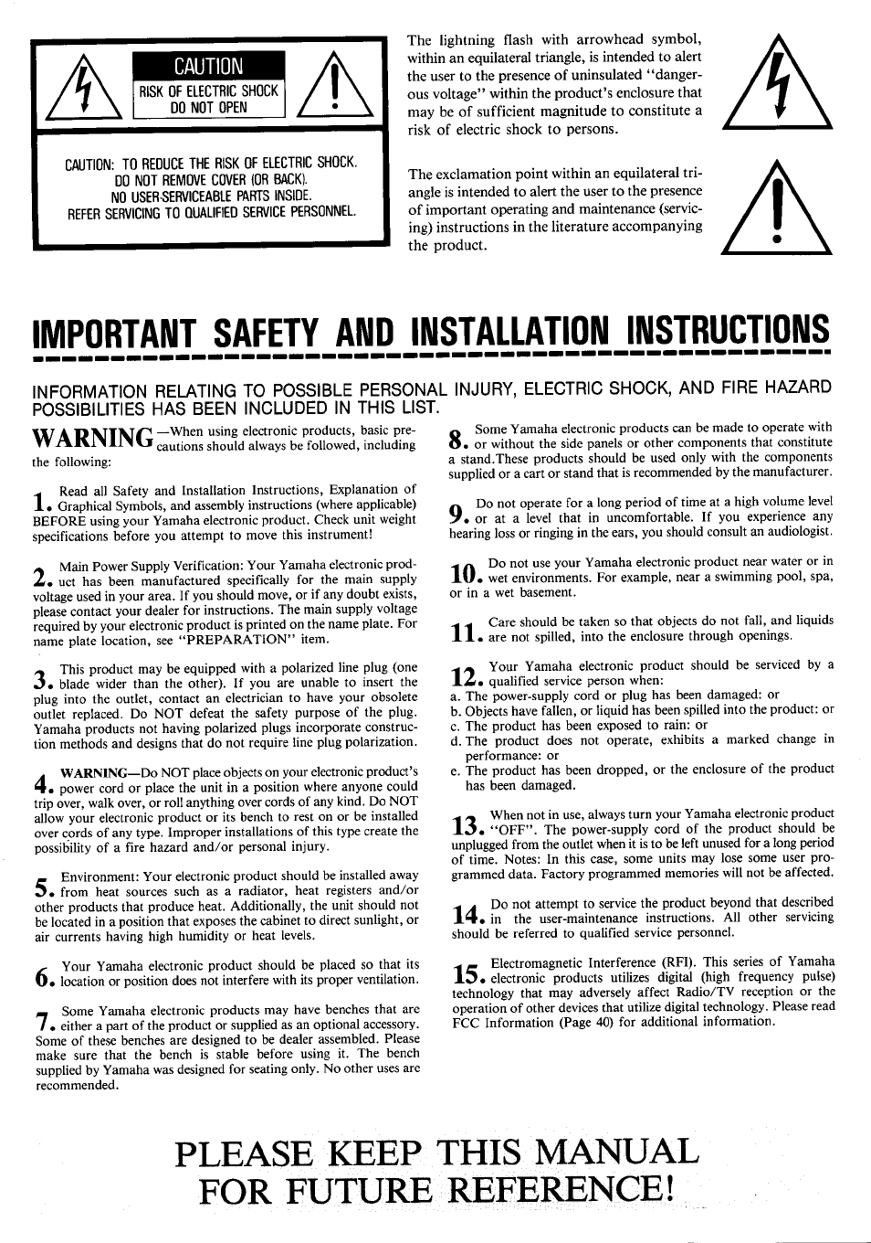 Important safety and installation instructions, Please keep this manual for future reference, Caution | Yamaha Clavinova CLP-650 User Manual | Page 2 / 19