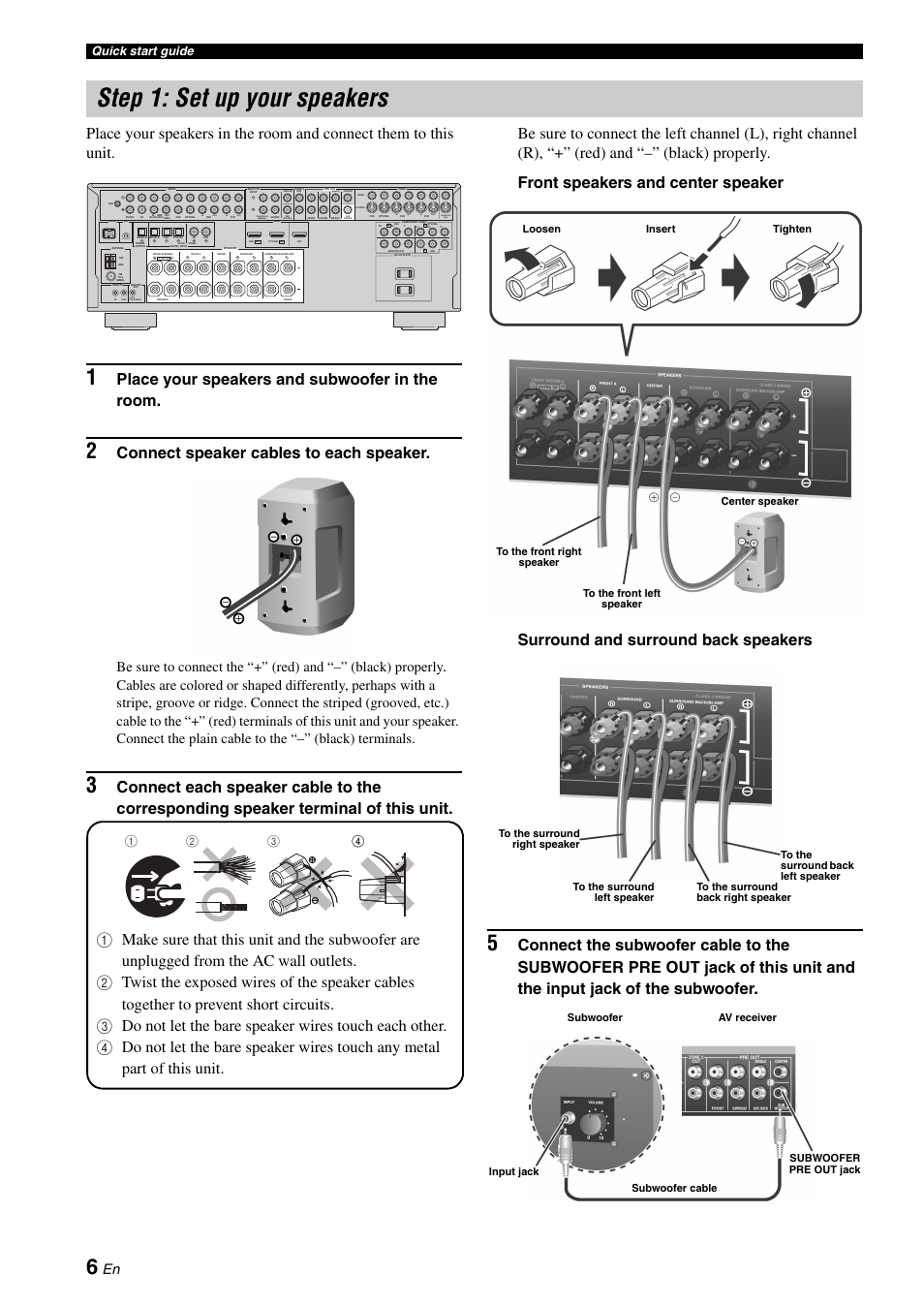 Step 1: set up your speakers, P. 6, Place your speakers and subwoofer in the room | Connect speaker cables to each speaker, Monitor out, Front(6ch) single, Quick start guide | Yamaha RX-V661 User Manual | Page 10 / 130