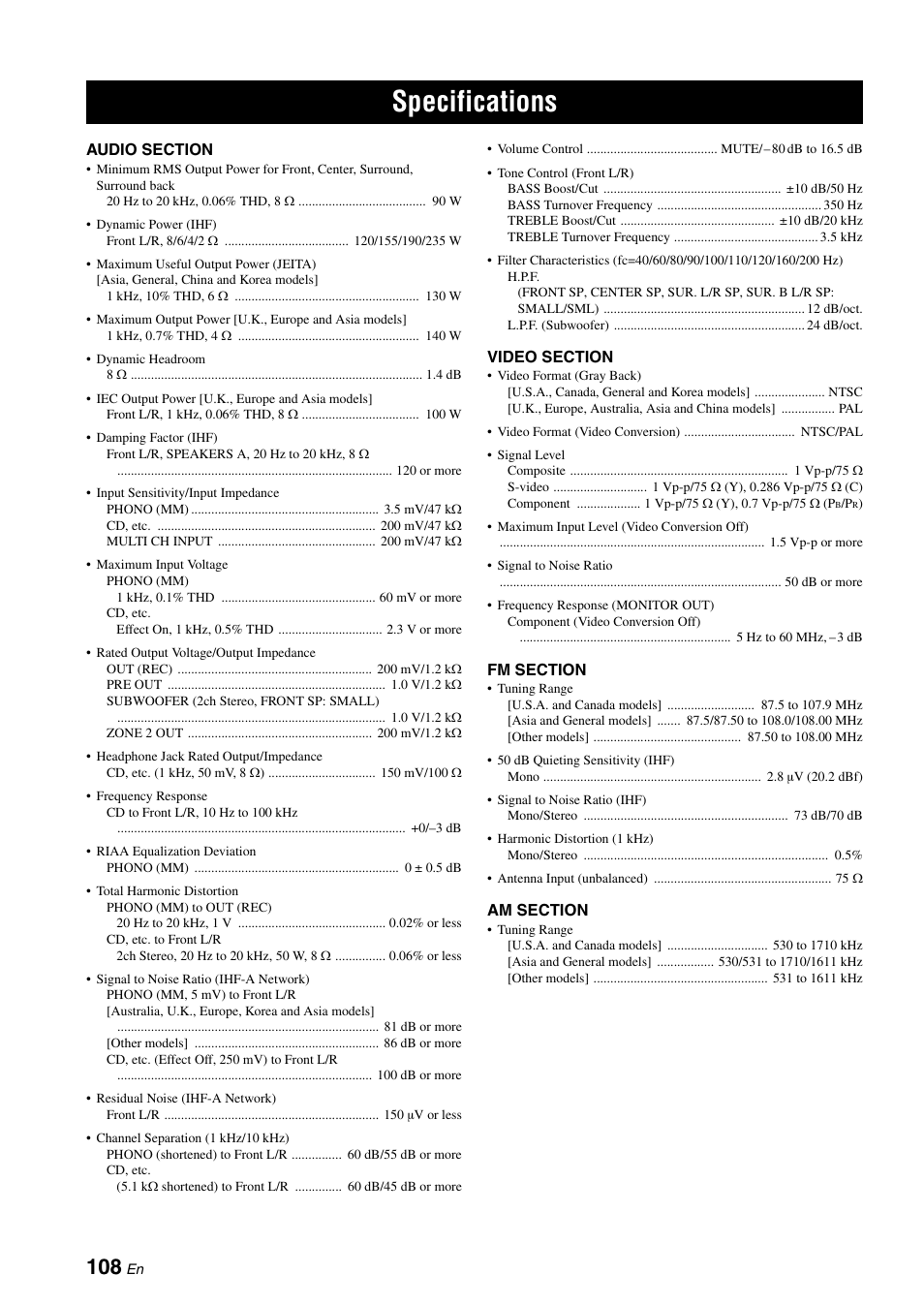 Specifications | Yamaha RX-V661 User Manual | Page 112 / 130