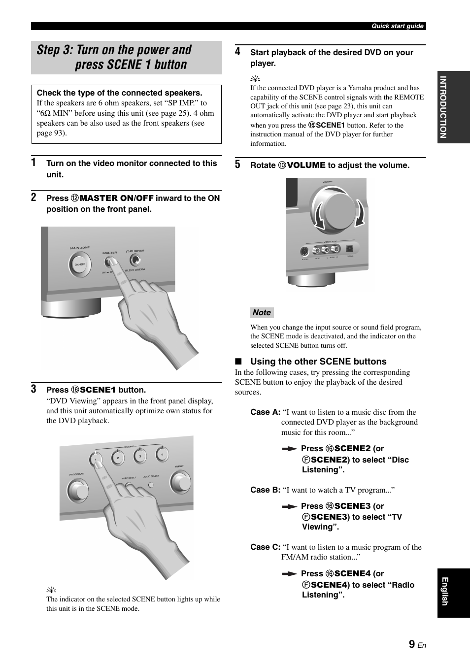 Step 3: turn on the power and press scene 1 button, Step 3: turn on the power and, Press scene 1 button | P. 9 | Yamaha RX-V661 User Manual | Page 13 / 130