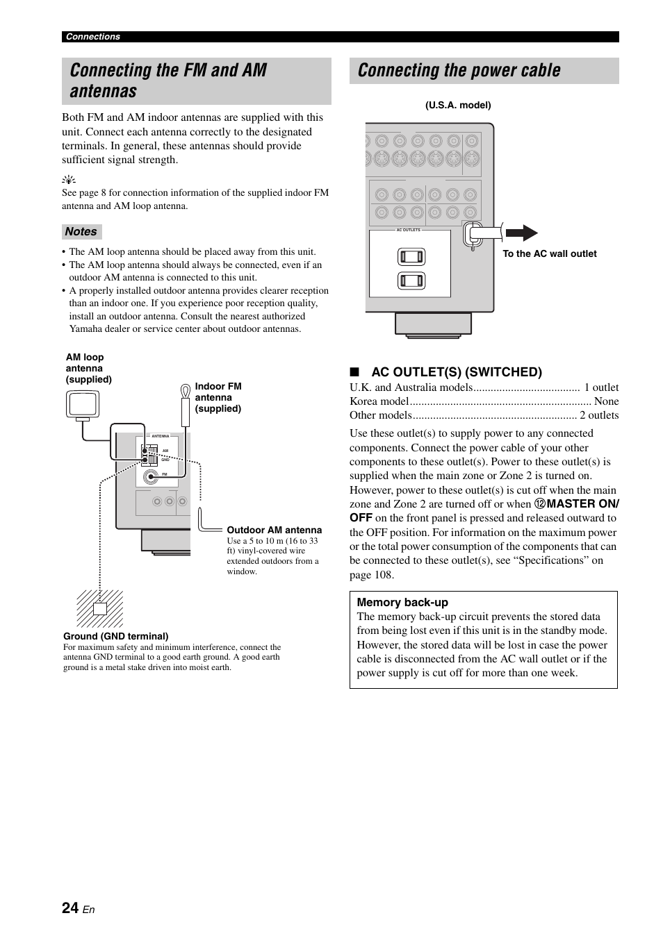 Connecting the fm and am antennas, Connecting the power cable, P. 24 | Ac outlet(s) (switched) | Yamaha RX-V661 User Manual | Page 28 / 130