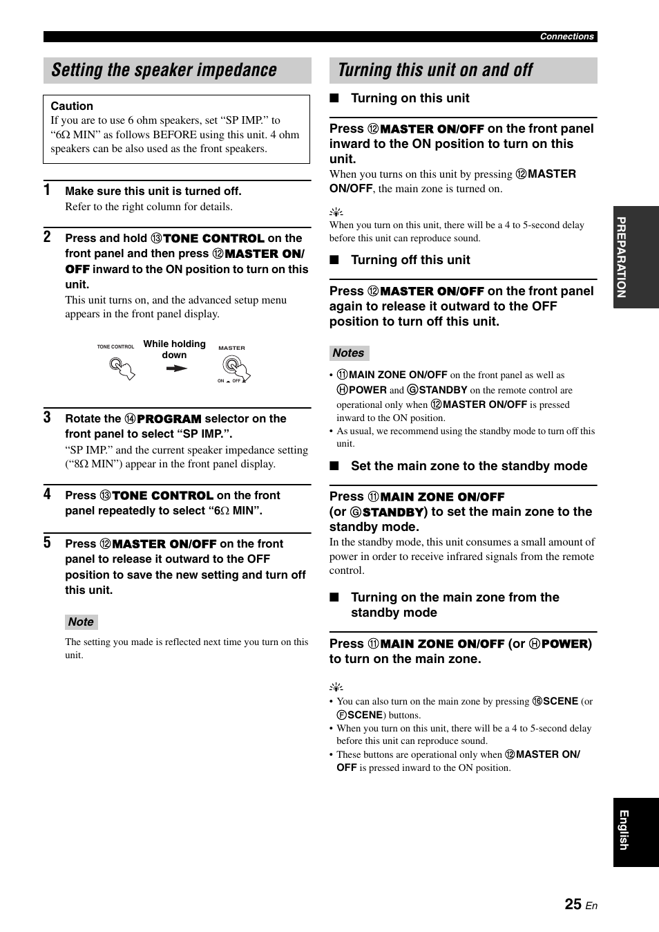 Setting the speaker impedance, Turning this unit on and off | Yamaha RX-V661 User Manual | Page 29 / 130