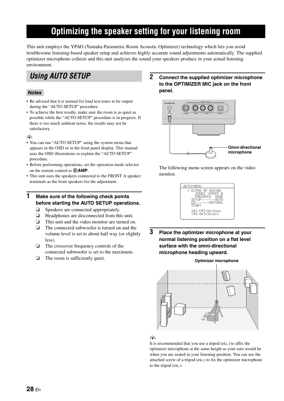 Using auto setup, Optimizing the speaker setting, For your listening room | P. 28 | Yamaha RX-V661 User Manual | Page 32 / 130