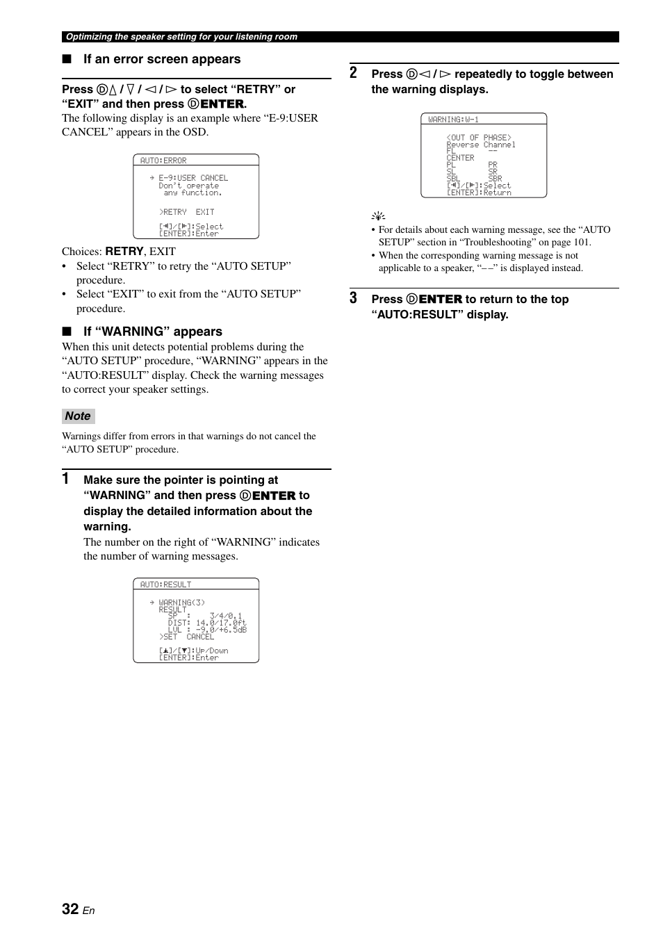 If an error screen appears, If “warning” appears | Yamaha RX-V661 User Manual | Page 36 / 130