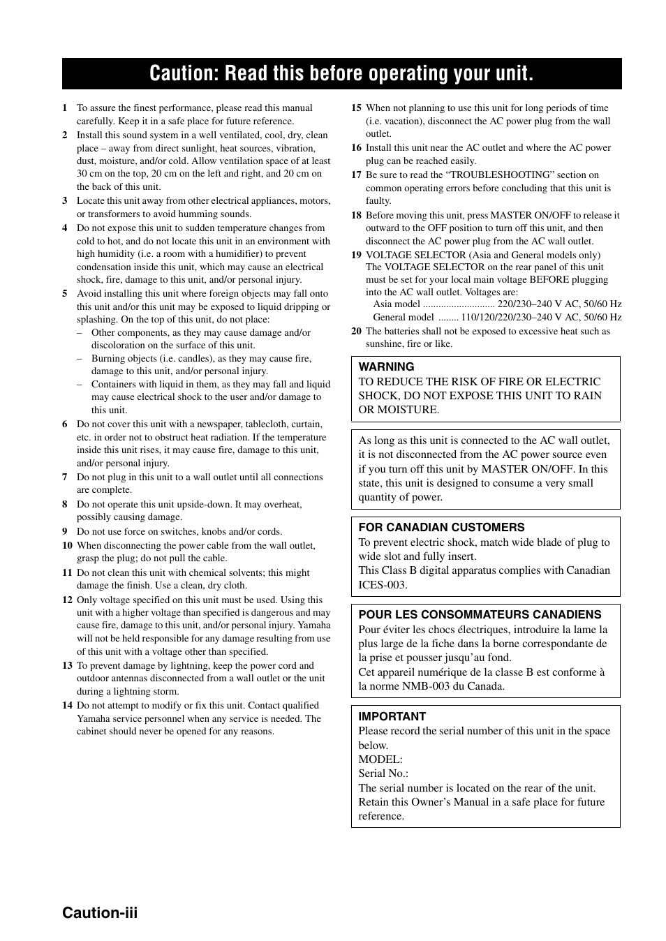 Caution: read this before operating your unit, Caution-iii | Yamaha RX-V661 User Manual | Page 4 / 130