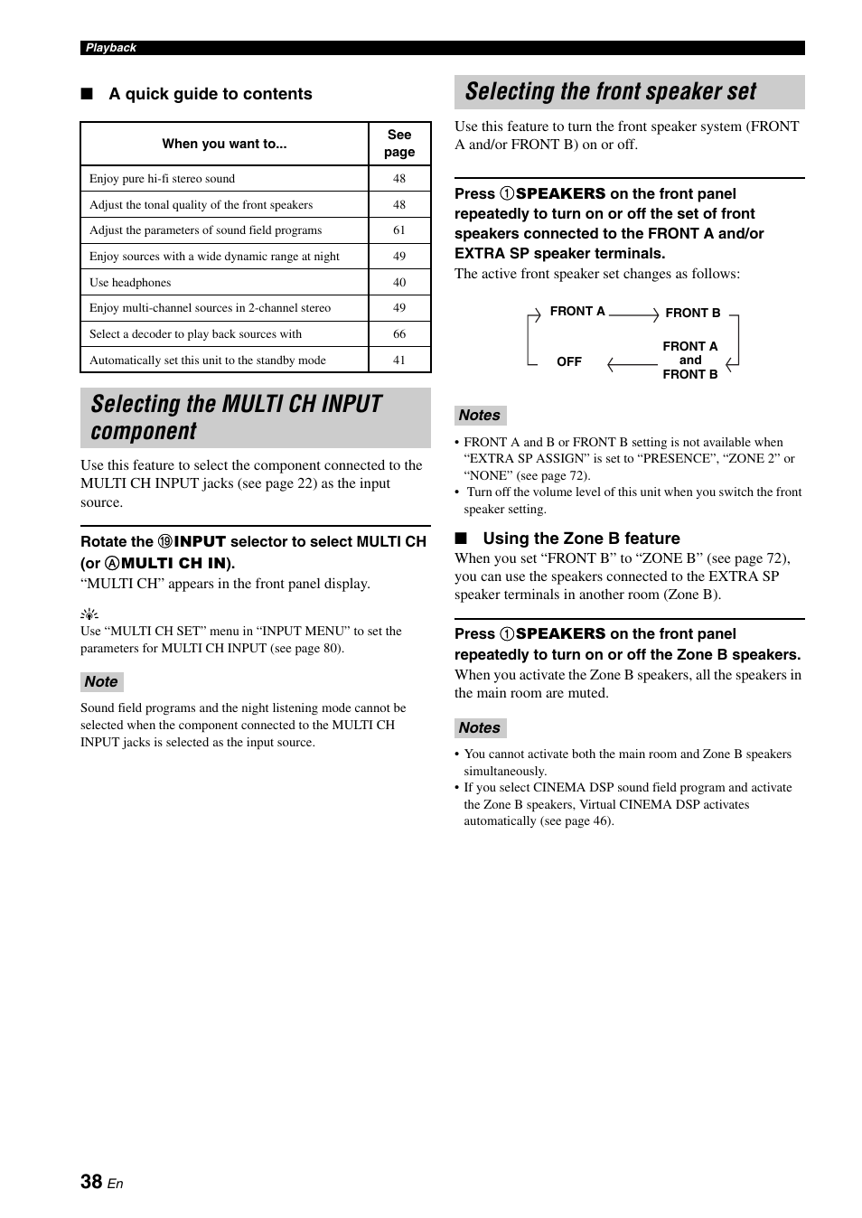 Selecting the multi ch input component, Selecting the front speaker set | Yamaha RX-V661 User Manual | Page 42 / 130