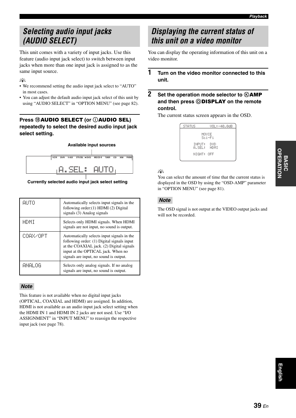 Selecting audio input jacks (audio select), On a video monitor, A.sel: auto | Yamaha RX-V661 User Manual | Page 43 / 130