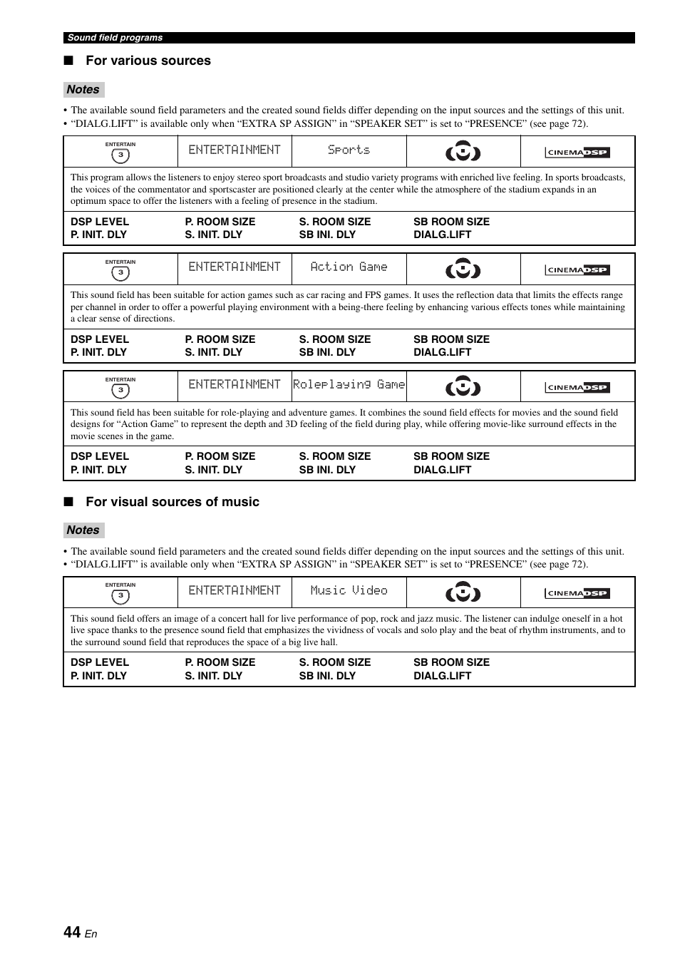 For various sources, For visual sources of music | Yamaha RX-V661 User Manual | Page 48 / 130