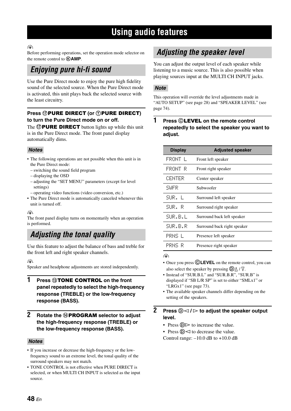 Using audio features, Enjoying pure hi-fi sound, Adjusting the tonal quality | Adjusting the speaker level, P. 48 | Yamaha RX-V661 User Manual | Page 52 / 130