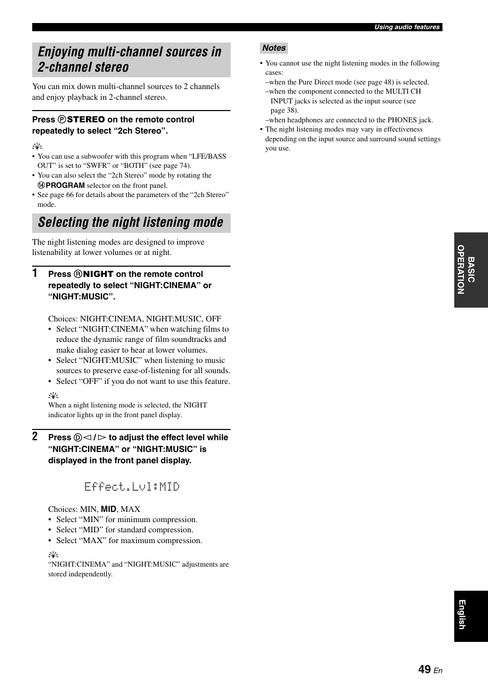 Enjoying multi-channel sources in 2-channel stereo, Selecting the night listening mode, Enjoying multi-channel sources | In 2-channel stereo, Effect.lvl:mid | Yamaha RX-V661 User Manual | Page 53 / 130