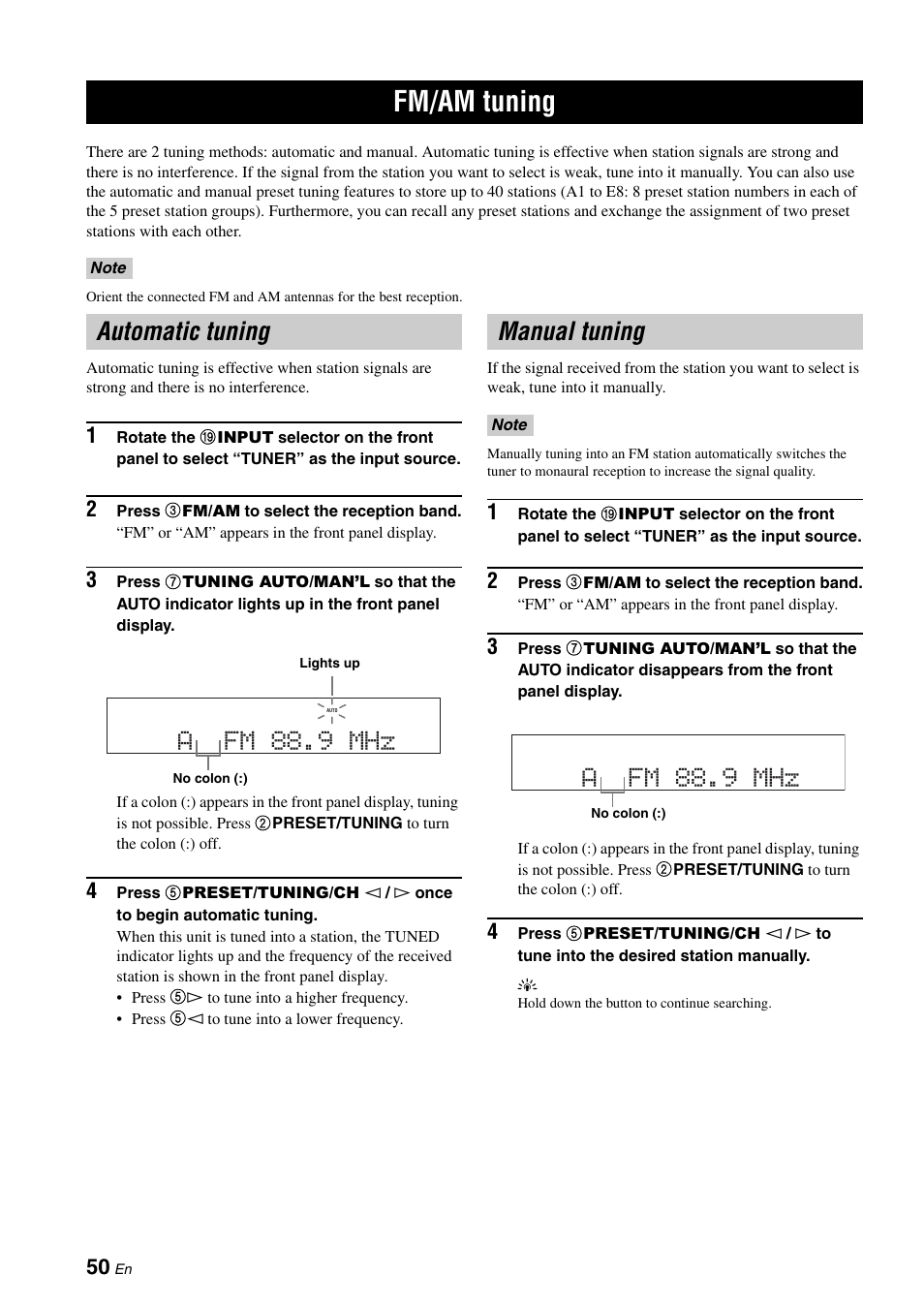 Fm/am tuning, Automatic tuning, Manual tuning | Automatic tuning manual tuning, P. 50, Automatic tuning a fm 88.9 mhz, Afm 88.9 mhz | Yamaha RX-V661 User Manual | Page 54 / 130