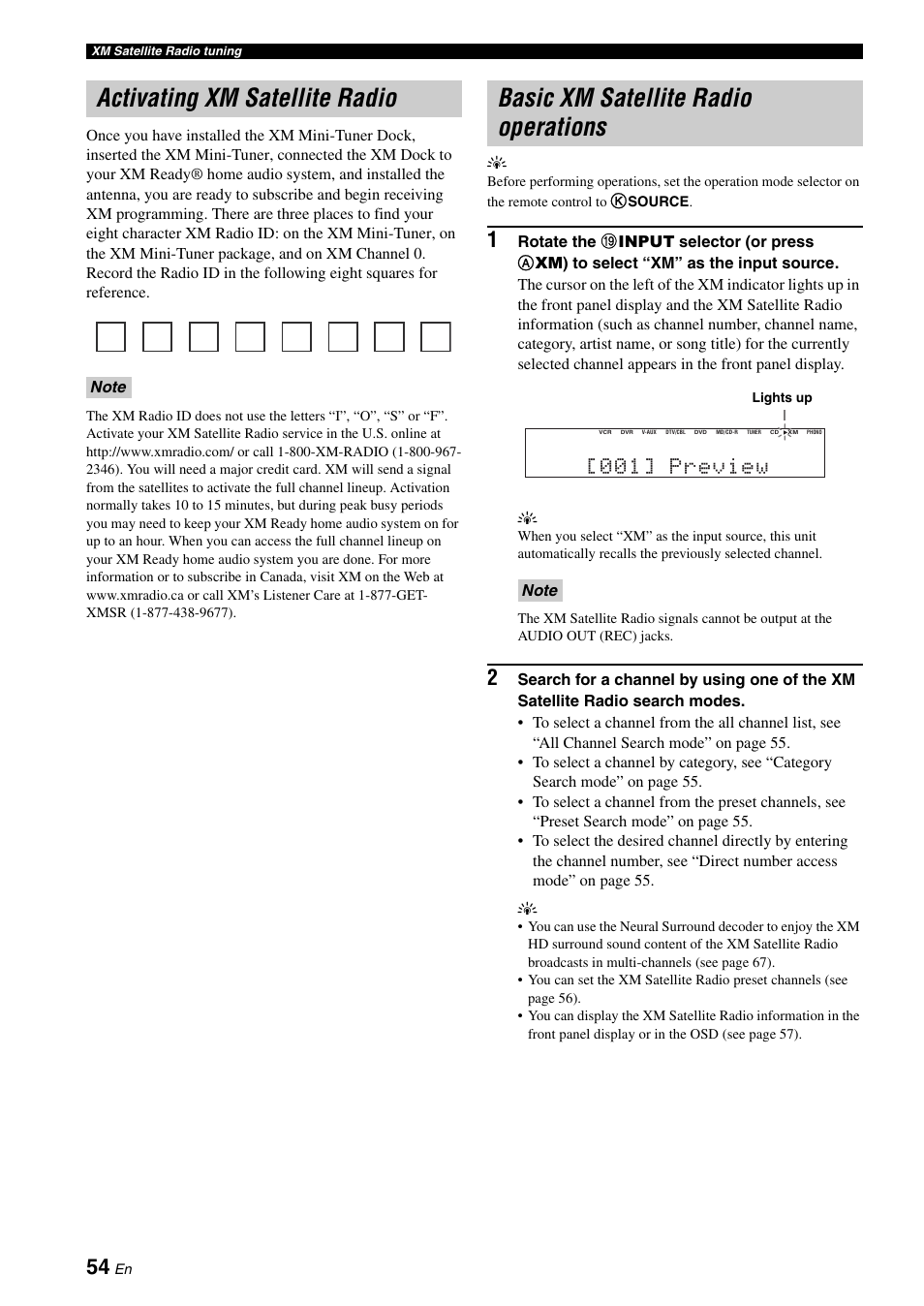 Activating xm satellite radio, Basic xm satellite radio operations, 001] preview | Yamaha RX-V661 User Manual | Page 58 / 130