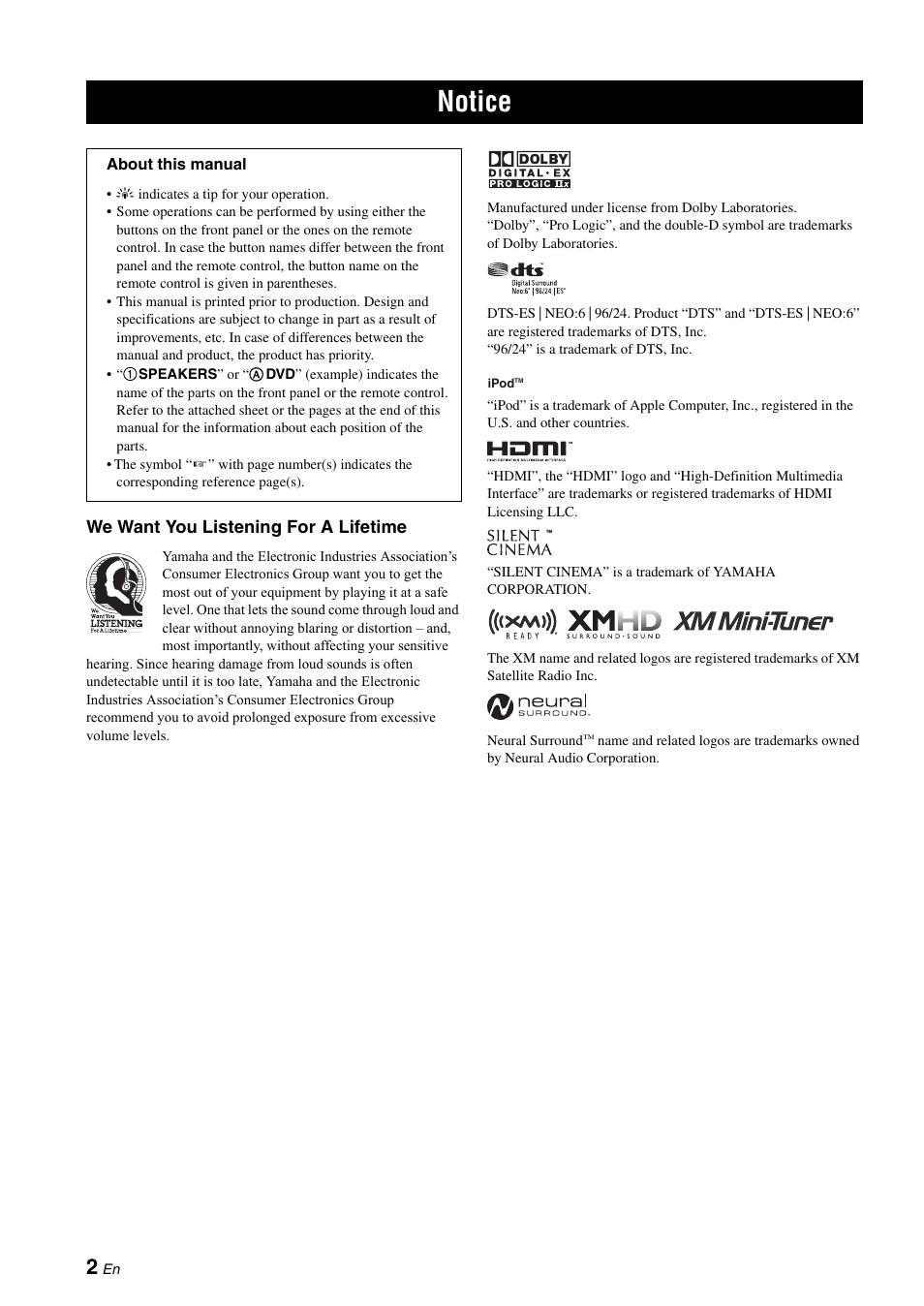 Notice, We want you listening for a lifetime | Yamaha RX-V661 User Manual | Page 6 / 130