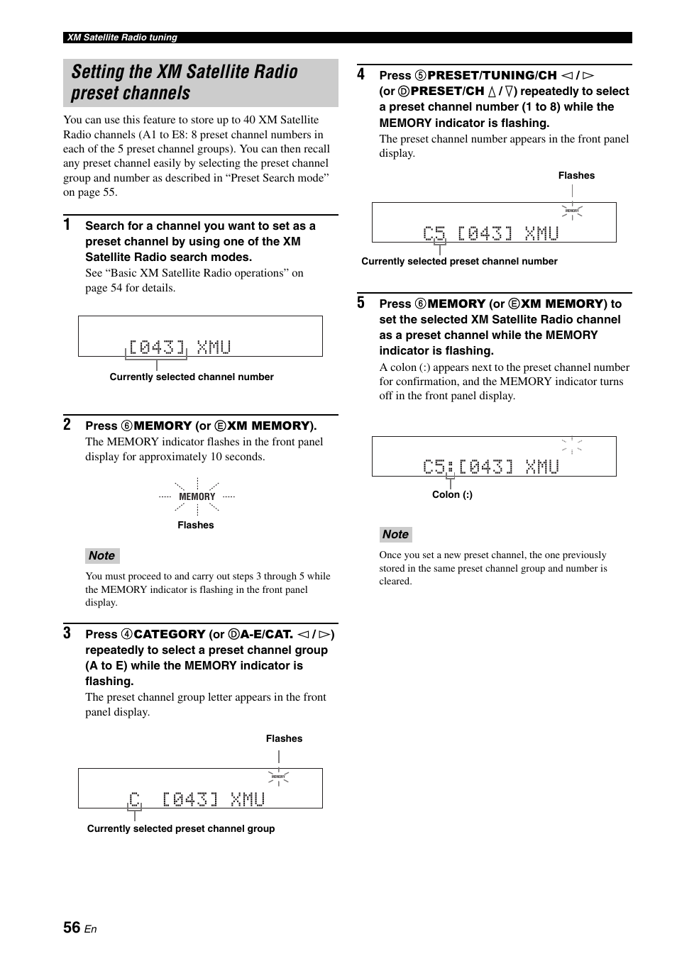 Setting the xm satellite radio preset channels, Channels (see, C5:[043] xmu | C [043] xmu, C5 [043] xmu, 043] xmu | Yamaha RX-V661 User Manual | Page 60 / 130