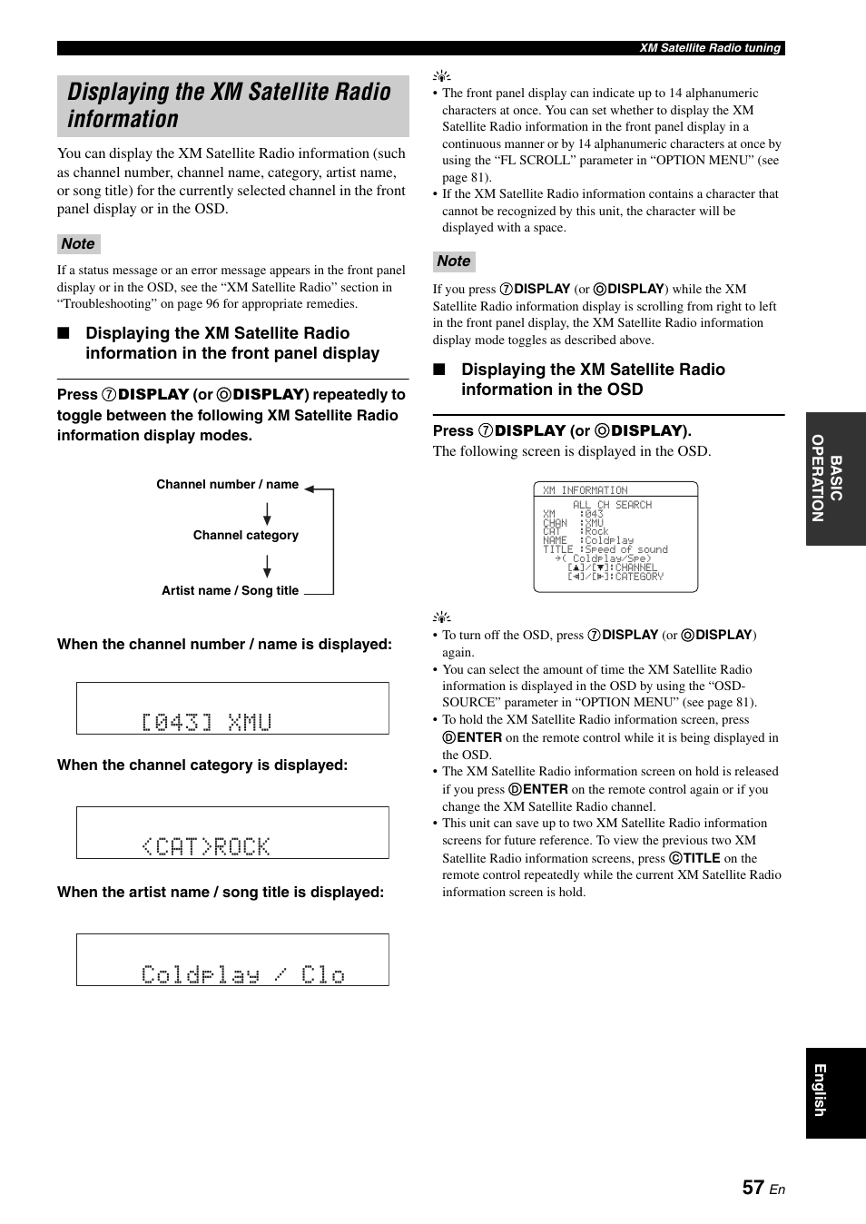 Displaying the xm satellite radio information, Cat>rock coldplay / clo, 043] xmu | Yamaha RX-V661 User Manual | Page 61 / 130