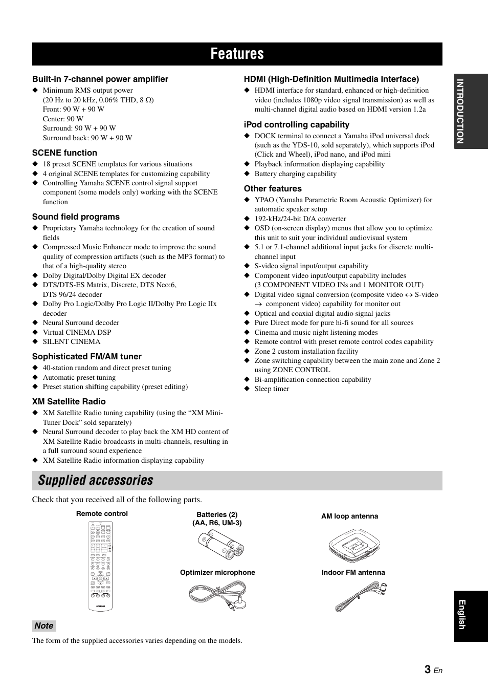 Features, Supplied accessories | Yamaha RX-V661 User Manual | Page 7 / 130