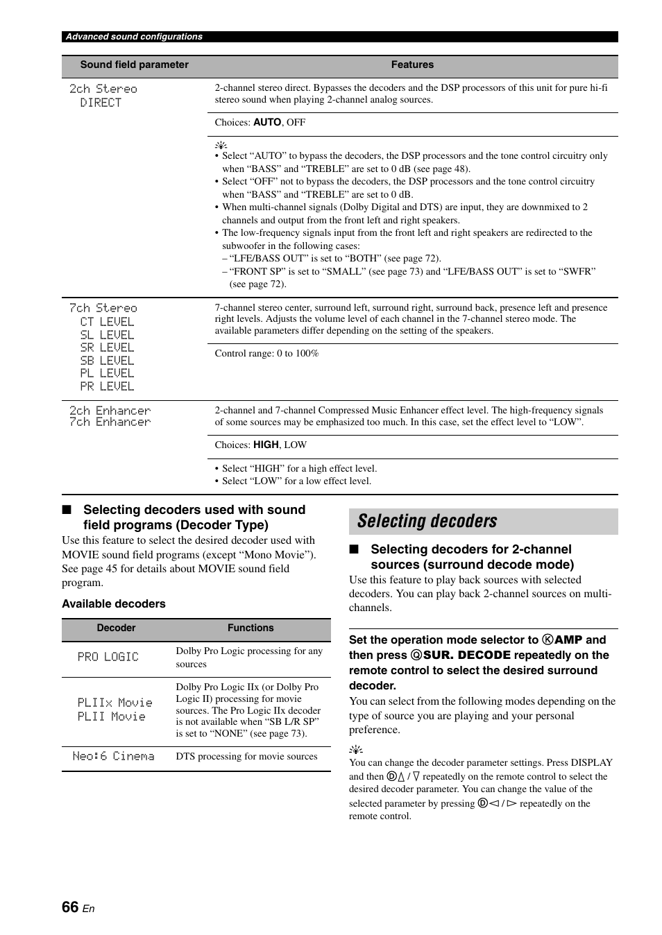 Selecting decoders | Yamaha RX-V661 User Manual | Page 70 / 130