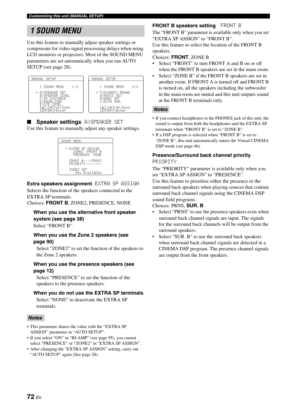 1 sound menu, Speaker settings | Yamaha RX-V661 User Manual | Page 76 / 130