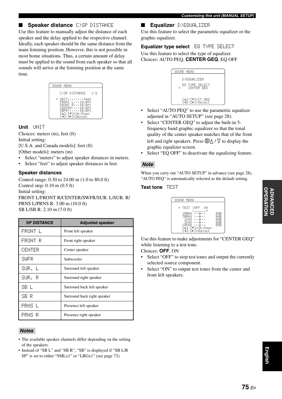 Speaker distance, Equalizer | Yamaha RX-V661 User Manual | Page 79 / 130