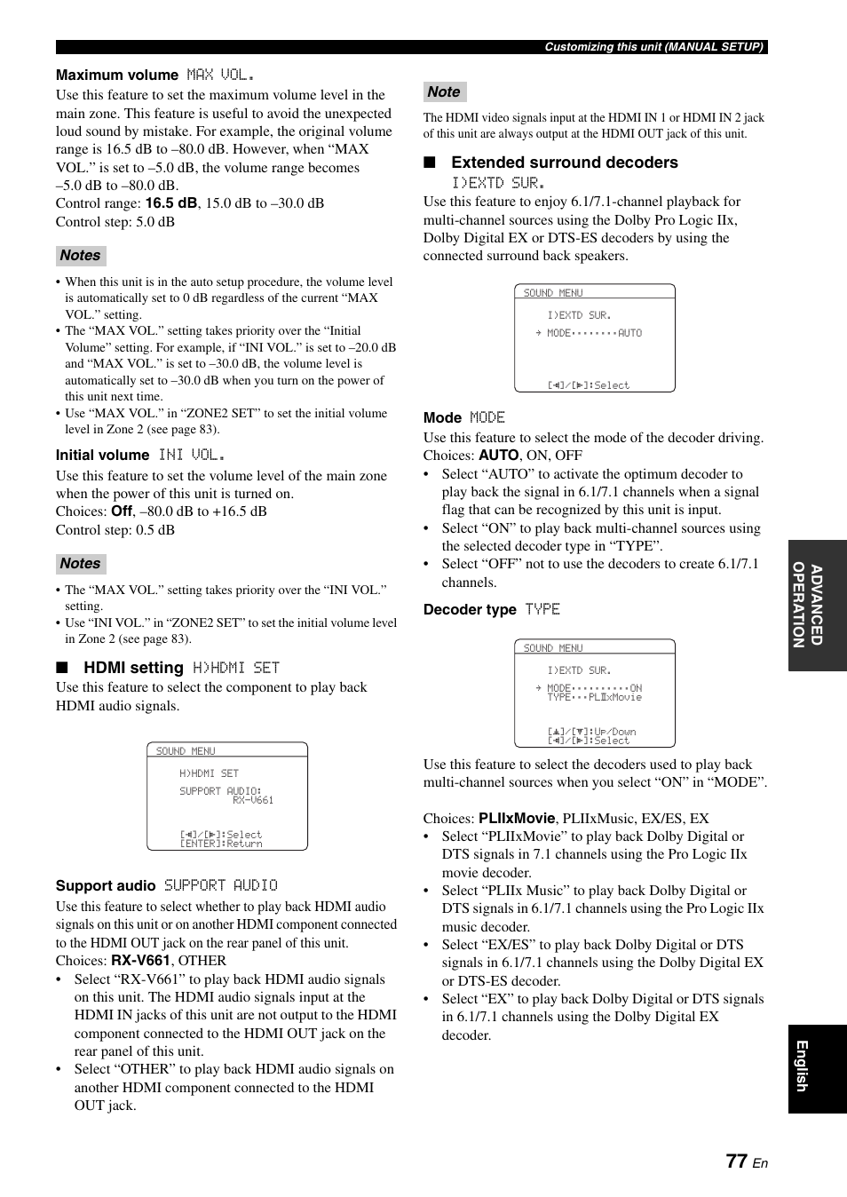 Hdmi setting, Extended surround decoders | Yamaha RX-V661 User Manual | Page 81 / 130