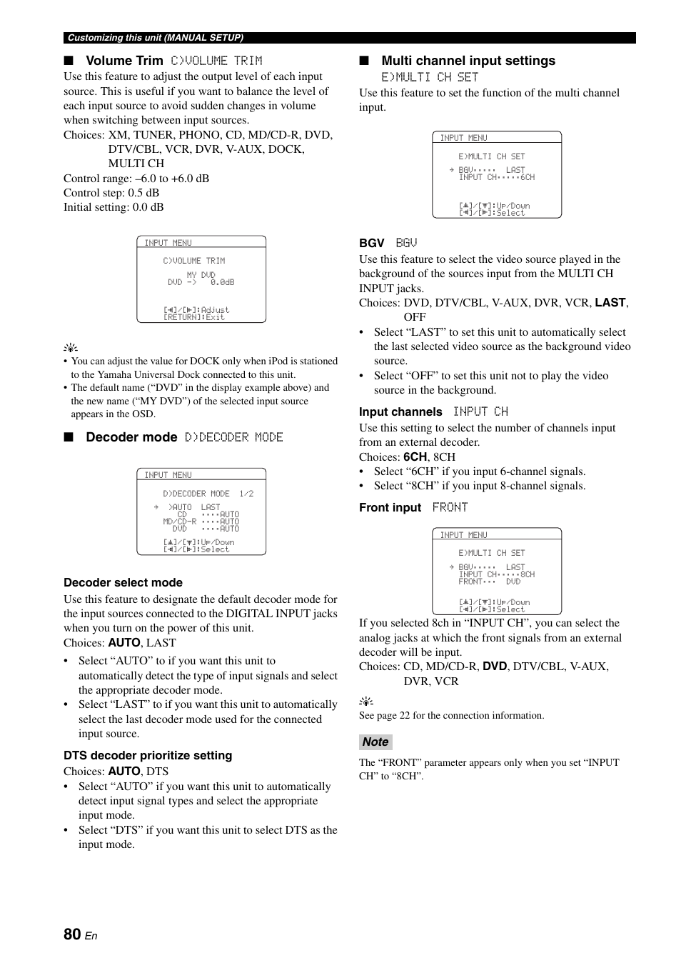 Volume trim, Decoder mode, Multi channel input settings | Yamaha RX-V661 User Manual | Page 84 / 130