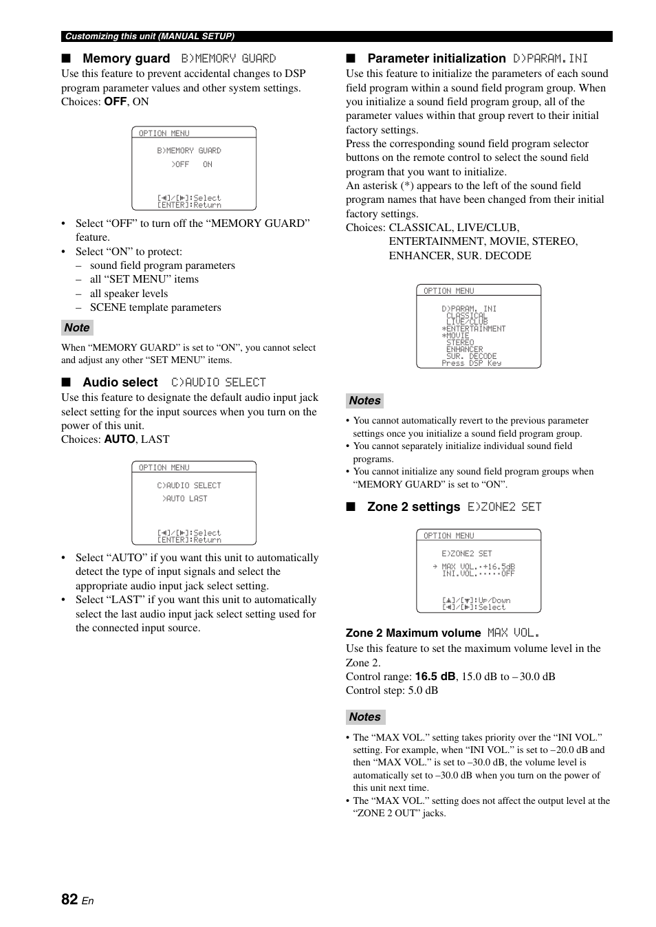 Audio select, Parameter initialization, Zone 2 settings | Yamaha RX-V661 User Manual | Page 86 / 130