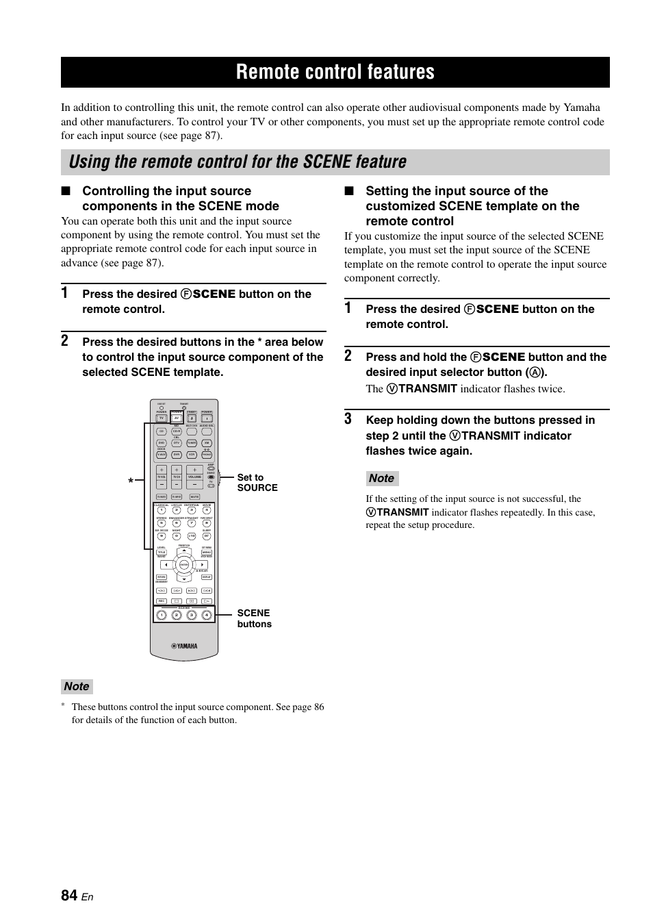 Remote control features, Using the remote control for the scene feature, Using the remote control | For the scene feature, P. 84, Set to source scene buttons | Yamaha RX-V661 User Manual | Page 88 / 130