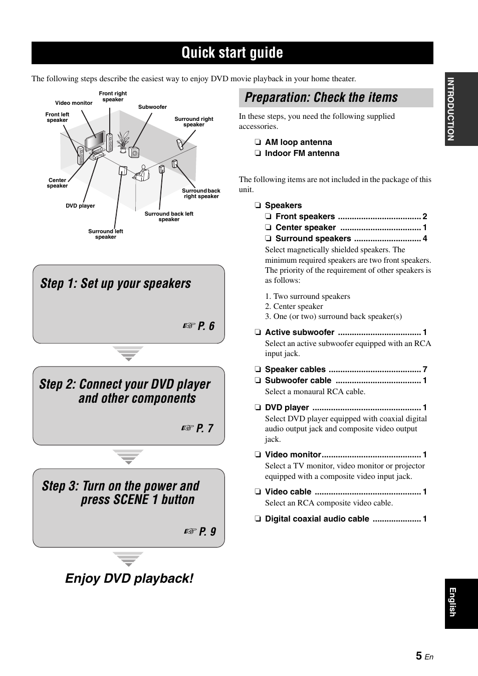 Quick start guide, Preparation: check the items, Enjoy dvd playback! step 1: set up your speakers | P. 6, P. 7, P. 9 | Yamaha RX-V661 User Manual | Page 9 / 130