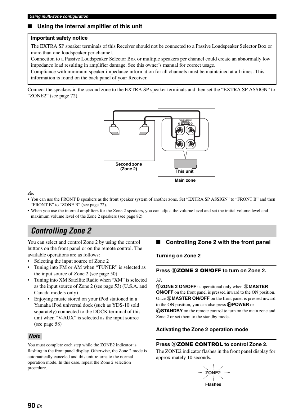 Controlling zone 2, S (see, Using the internal amplifier of this unit | Controlling zone 2 with the front panel | Yamaha RX-V661 User Manual | Page 94 / 130