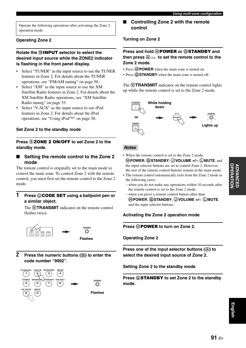 Setting the remote control to the zone 2 mode, Controlling zone 2 with the remote control | Yamaha RX-V661 User Manual | Page 95 / 130