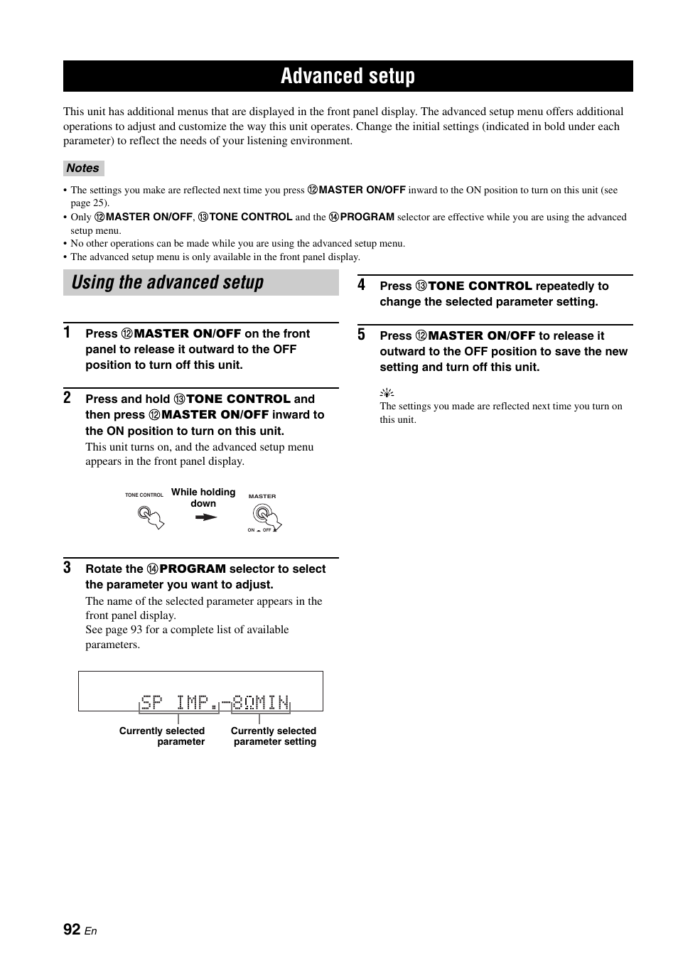 Advanced setup, Using the advanced setup, P. 92 | Sp imp min | Yamaha RX-V661 User Manual | Page 96 / 130