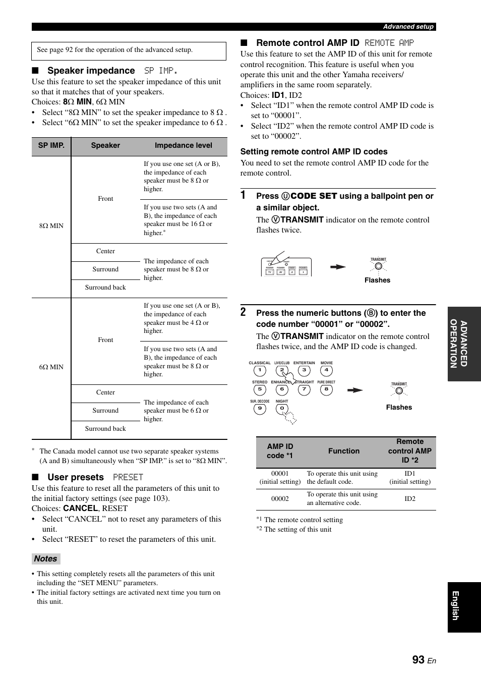 Speaker impedance, User presets, Remote control amp id | Yamaha RX-V661 User Manual | Page 97 / 130