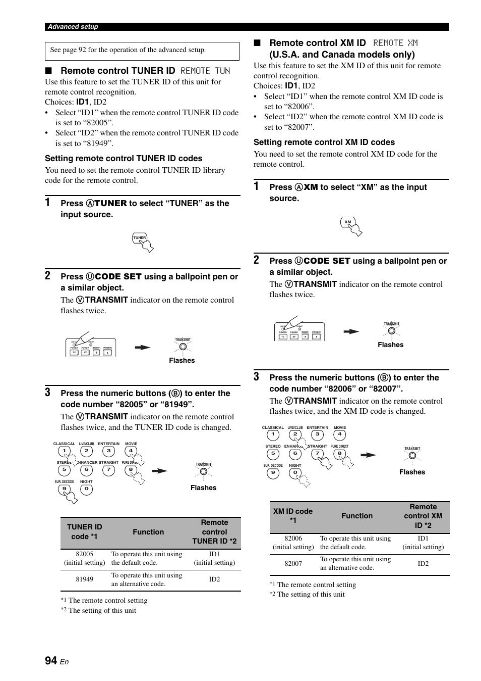 Remote control tuner id, Remote control xm id, U.s.a. and canada models only) | Remote xm, Press a xm to select “xm” as the input source | Yamaha RX-V661 User Manual | Page 98 / 130