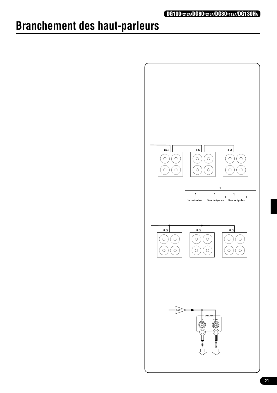 Branchement des haut-parleurs, Cas du dg100-212a, Cas du dg80-210a/dg80-112a | Cas du dg130ha, Impédance totale, Dg100, Dg80, Dg130h | Yamaha DG80-210A User Manual | Page 21 / 84