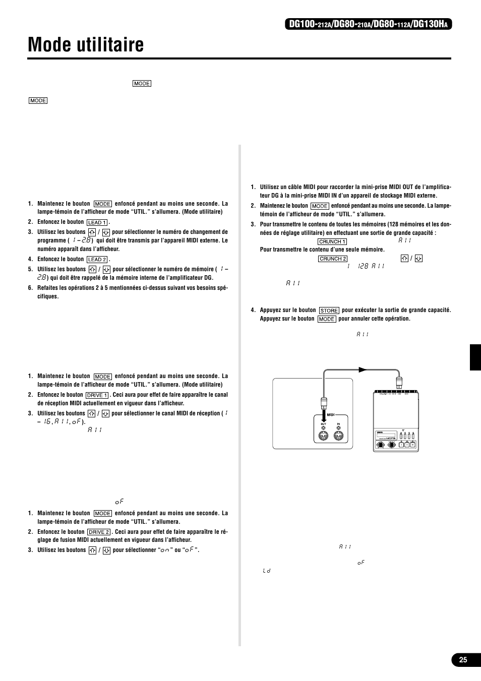 Mode utilitaire, Création d’un tableau de changement de programme, Introduction du canal de réception midi | Réglage de la fusion midi, Sortie de grande capacité midi, Entrée de grande capacité midi, Dg100, Dg80, Dg130h | Yamaha DG80-210A User Manual | Page 25 / 84