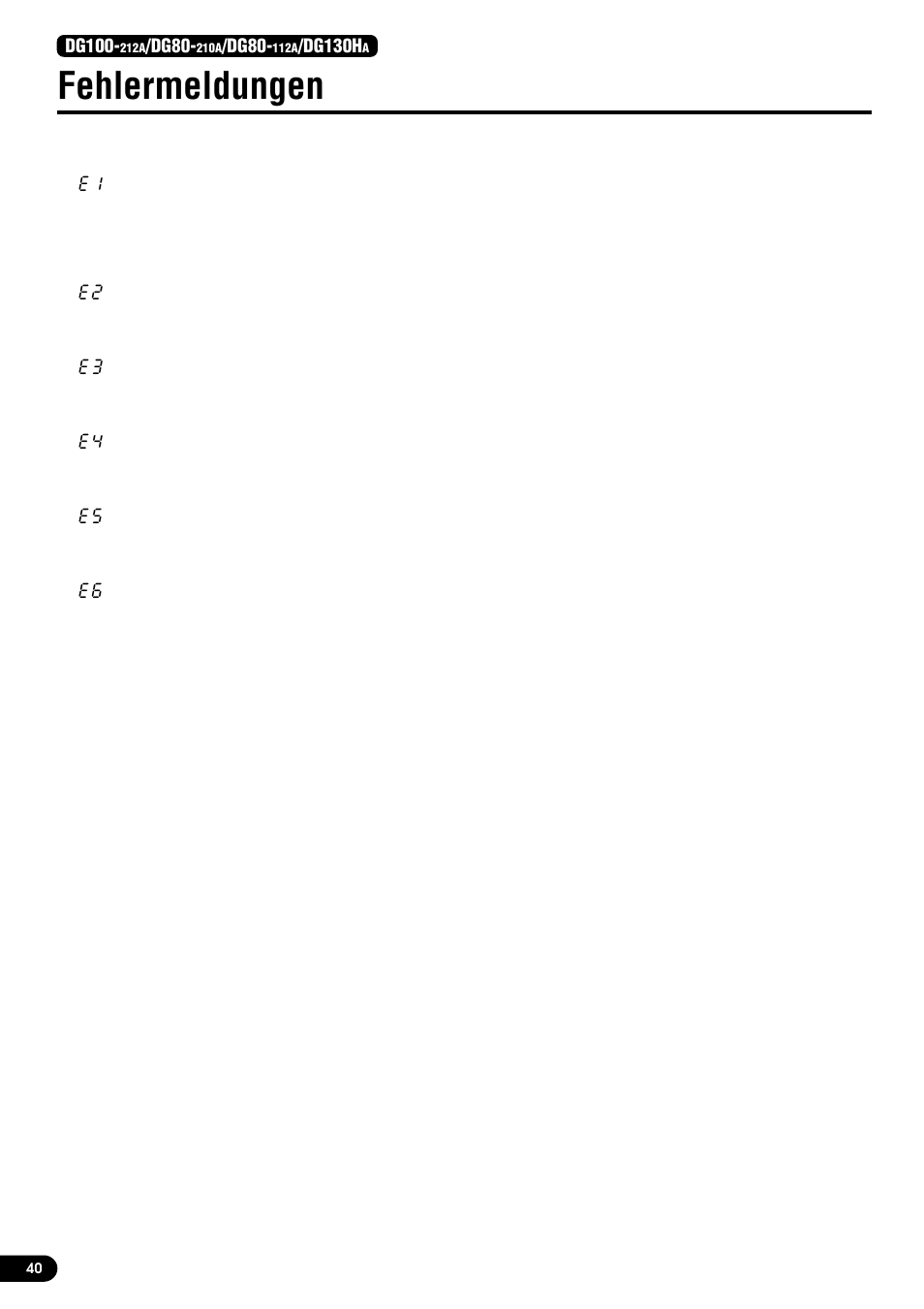 Fehlermeldungen, Dg100, Dg80 | Dg130h | Yamaha DG80-210A User Manual | Page 40 / 84