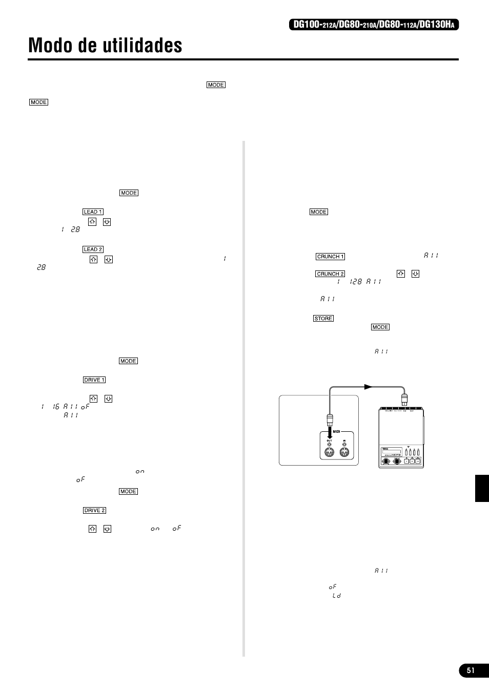 Modo de utilidades, Creación de una tabla de cambio de programa, Ajuste del canal de recepción midi | Ajuste de la fusión midi, Salida de bloques midi, Entrada de bloques midi, Dg100, Dg80, Dg130h, Ajuste de la fusión midi (merge) | Yamaha DG80-210A User Manual | Page 51 / 84