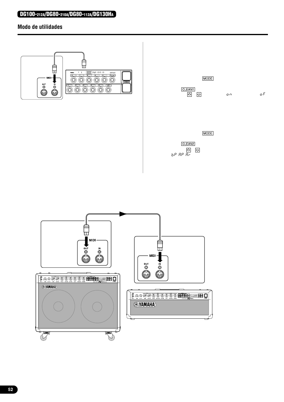 Transmisión y recepción midi entre amplificadores, De la serie dg, Simulador de altavoz (activación y desactivación) | Ajuste de la posición del pedal de volumen, Modo de utilidades, Dg100, Dg80, Dg130h | Yamaha DG80-210A User Manual | Page 52 / 84