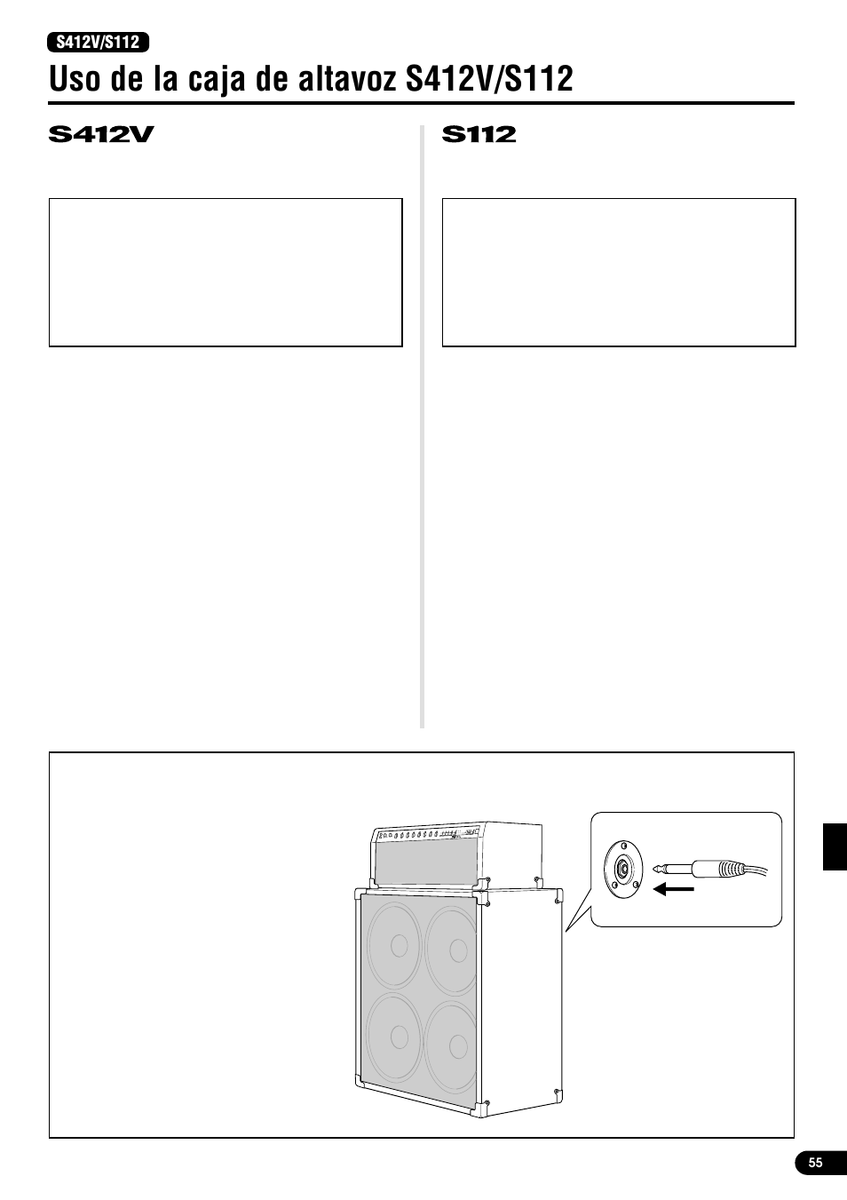 Uso de la caja de altavoz s412v/s112, Conexión, Especificaciones | Yamaha DG80-210A User Manual | Page 55 / 84