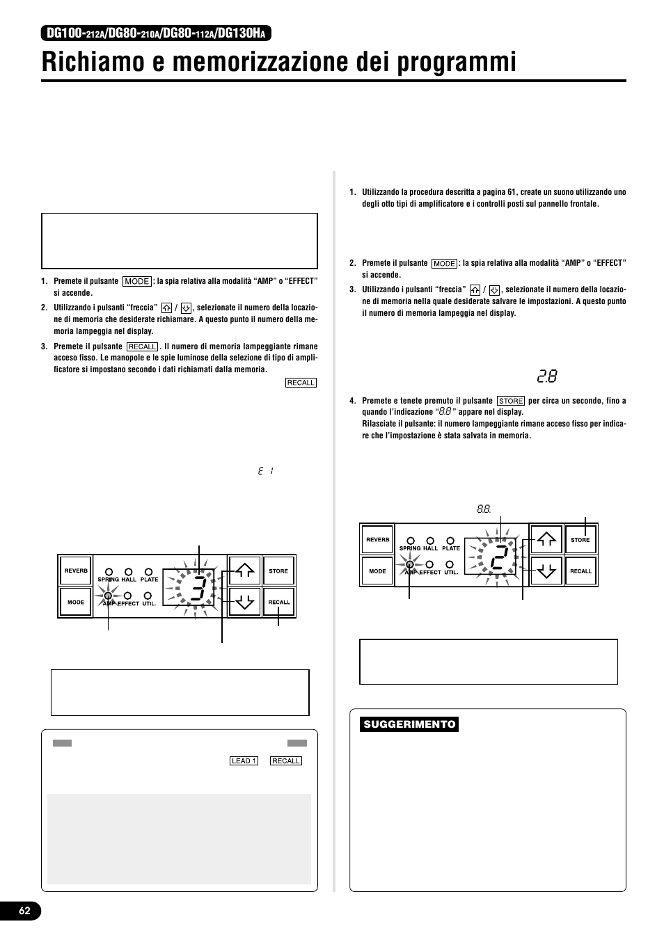 Richiamo e memorizzazione dei programmi, Richiamare le impostazione memorizzate (recall), Memorizzare le impostazioni (store) | Dg100, Dg80, Dg130h | Yamaha DG80-210A User Manual | Page 62 / 84