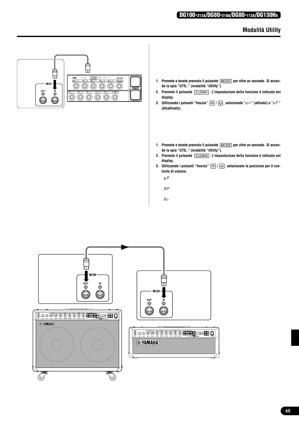 Attivare/disattivare il simulatore di altoparlante, Speaker simulator), Modalità utility | Dg100, Dg80, Dg130h | Yamaha DG80-210A User Manual | Page 65 / 84