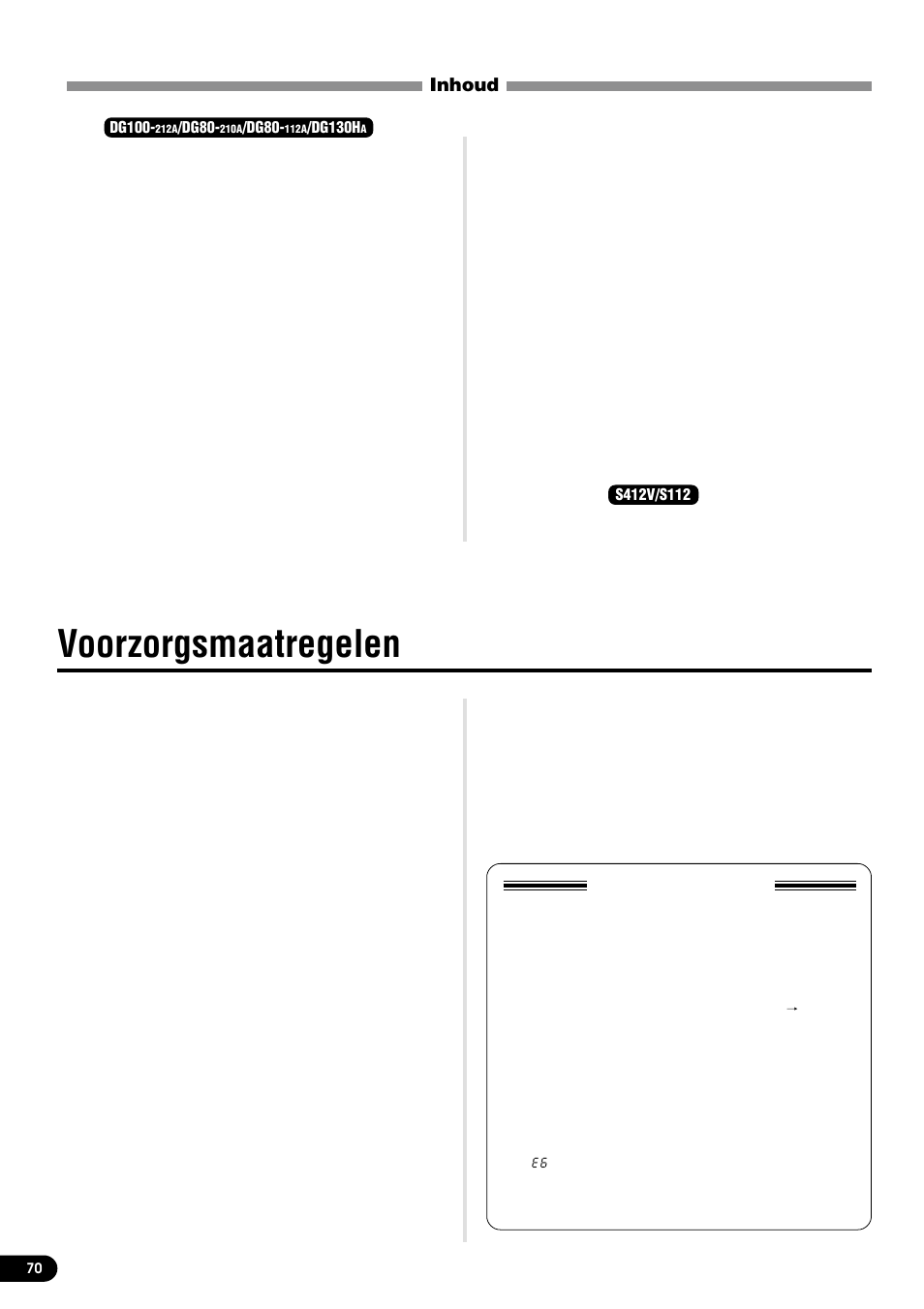 Inhoud, Voorzorgsmaatregelen | Yamaha DG80-210A User Manual | Page 70 / 84