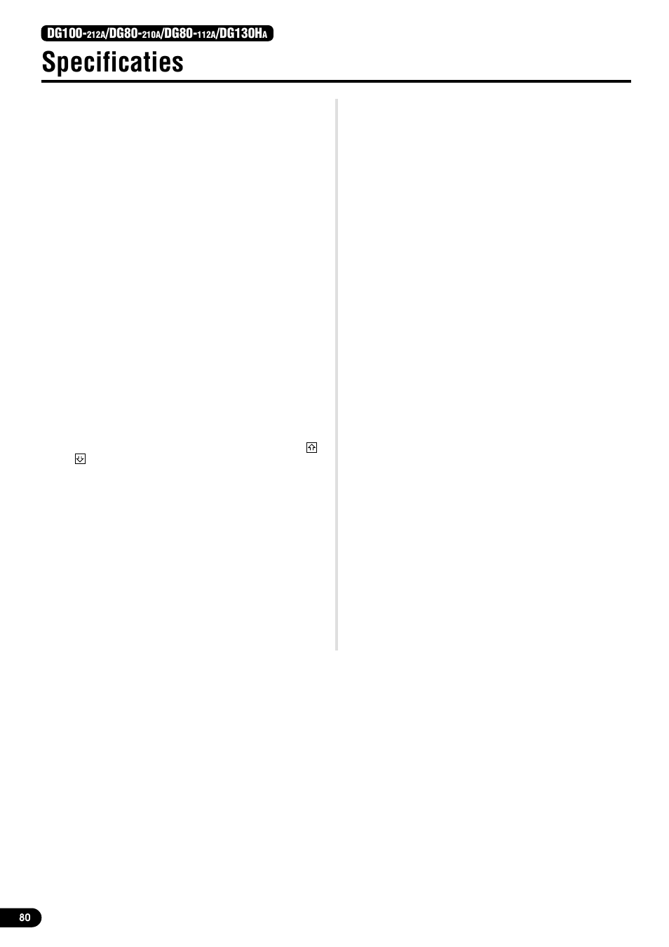 Specificaties, Dg100, Dg80 | Dg130h | Yamaha DG80-210A User Manual | Page 80 / 84