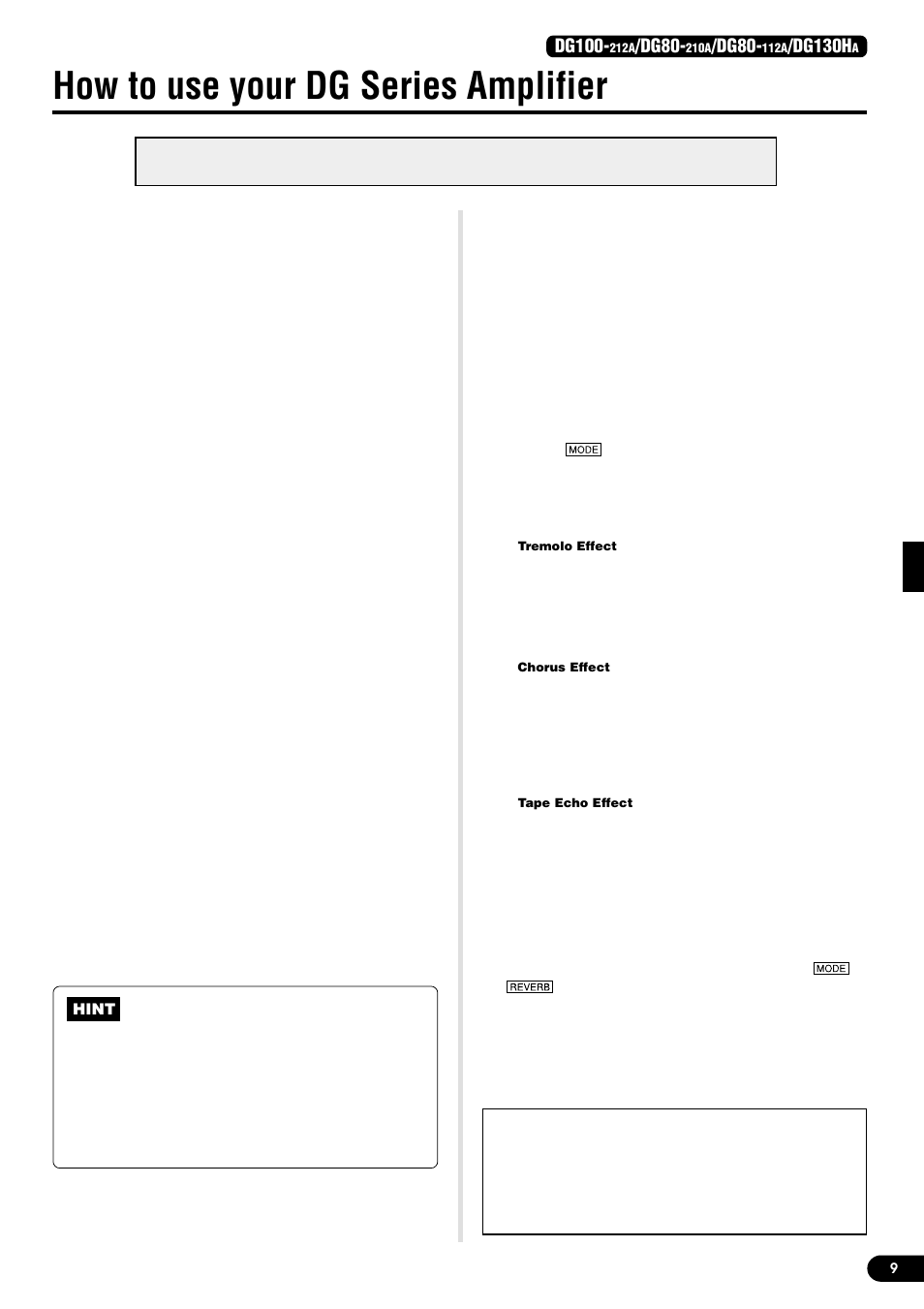 How to use your dg series amplifier, First, achieve sound output, Adjust the trim level | Sound settings, Reverb settings, Effect (tremolo, chorus, tape echo) settings, Dg100, Dg80, Dg130h | Yamaha DG80-210A User Manual | Page 9 / 84