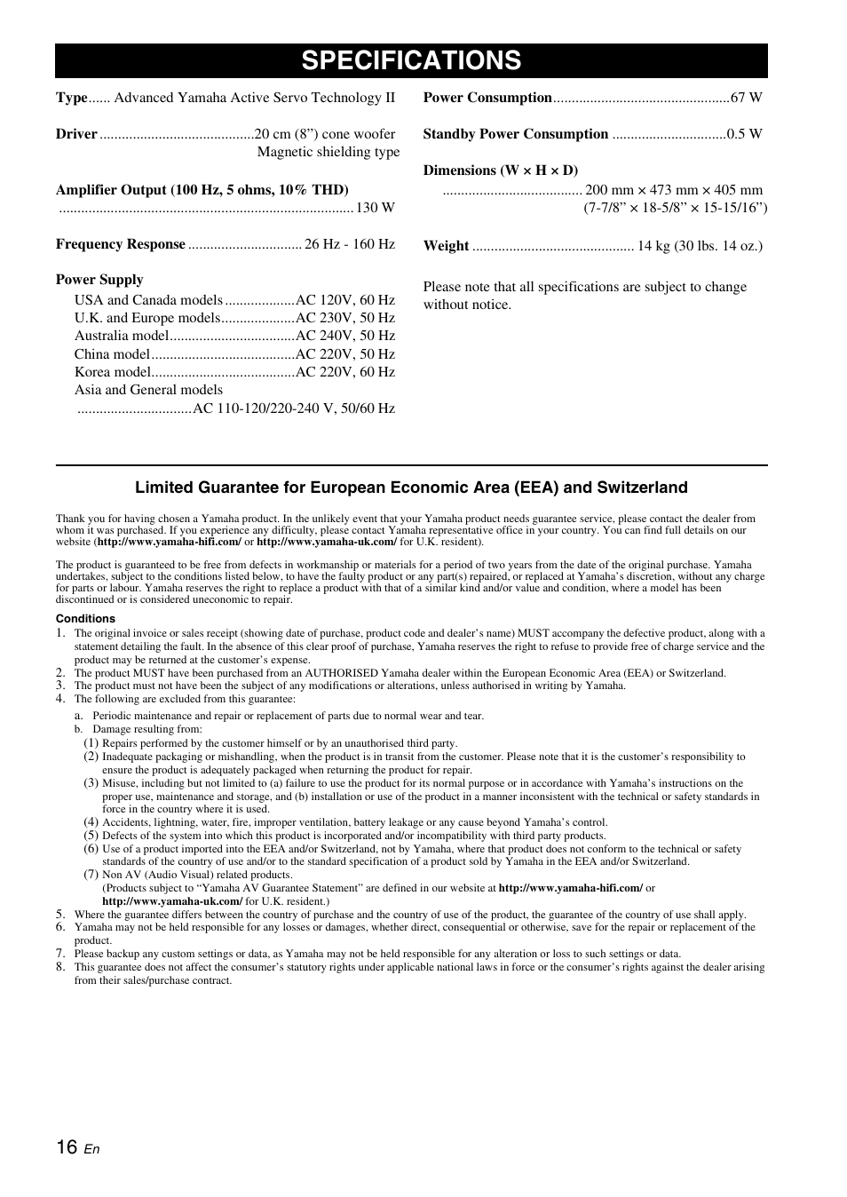 Specifications | Yamaha NS-SW310 User Manual | Page 20 / 22