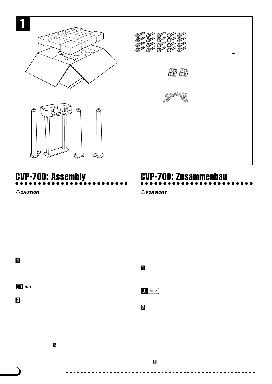 Cvp-700: assembly, Cvp-700: zusammenbau, Attach the three legs (a, b, c) | Die drei standbeine (a, b und c) montieren | Yamaha CVP-107  EU User Manual | Page 52 / 68