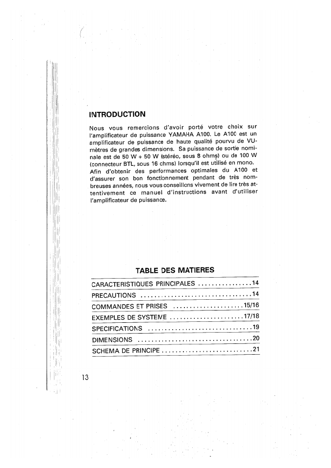 Introduction, Table des matieres | Yamaha A100 User Manual | Page 14 / 32