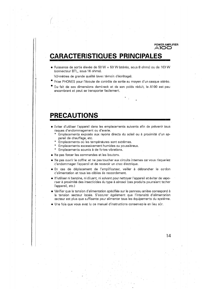 Caracteristiques principales, Precautions | Yamaha A100 User Manual | Page 15 / 32