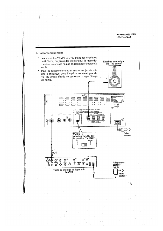 Raccordement mono | Yamaha A100 User Manual | Page 19 / 32